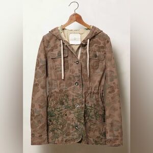 ANTHROPOLOGIE Hei Hei Floral Fatigue Jacket Camo Hooded Canvas Coat Size XS
